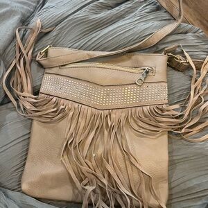 Boho Chic Tan Crossbody Bag with Fringe and Studded Details
